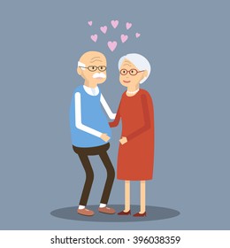 Senior couple in love. Elderly people together. Old couple man and woman hugging. An elderly couple are happy together. Romantic date elderly couple. Vector flat illustration.
