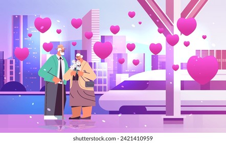 senior couple in love with flowers having a date on railway station grandparents with pink hearts celebrating valentines day horizontal