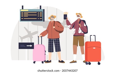Senior couple with luggage suicases travel wait for departure. Active older man and woman on trip on retirement. Aged people tourists concept. Cartoon flat vector illustration