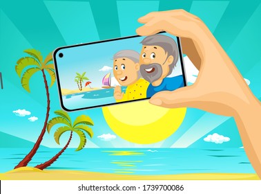 Senior Couple Make Selfie Photo with Mobil Phone from the Beach Tropical Holiday - Vector Illustration with Background