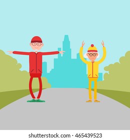 Senior couple making exercises in the park. Old people  doing gymnastics outdoors.