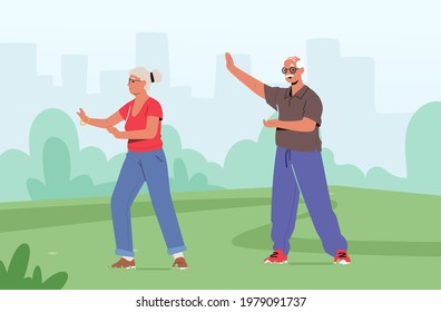 Senior Couple Male Female Characters Exercising at City Park. Outdoor Tai Chi Classes for Elderly People. Healthy Lifestyle, Body Flexibility Training. Pensioners Workout. Cartoon Vector Illustration