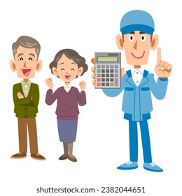 A senior couple and a male worker with a calculator