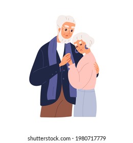 Senior couple of man and woman hugging. Old gray-haired husband and wife embracing and supporting each other. Grandma and grandpa together. Flat vector illustration isolated on white background