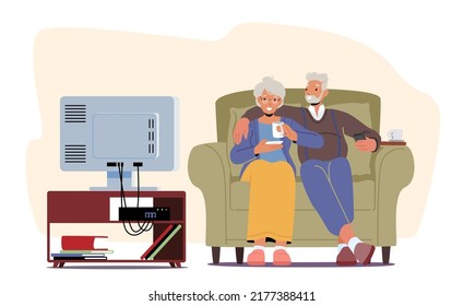 Senior Couple Man and Woman Watching TV Set, alte Charaktere auf bequemen Couch mit Spaß sitzen, ältere Menschen entspannen und Freizeit einzeln auf weißem Hintergrund. Cartoon-Vektorgrafik