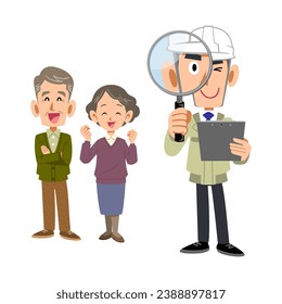 A senior couple and a man in work clothes looking through a magnifying glass