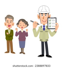 A senior couple and a man in work clothes holding up a checklist