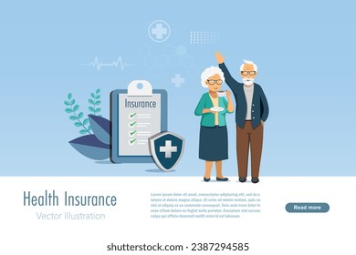 Pareja mayor con cobertura de seguro médico para la protección de la salud, la vida y los accidentes. Planificación de seguros médicos y de salud para el bienestar de los ancianos, concepto de envejecimiento saludable. Vector.