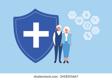 Senior couple with medical insurance shield guard for health protection. Medical and healthcare insurace for elderly concept