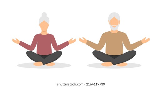 Senior couple meditating together. Elderly woman and man in casual clothes sitting in the lotus position. Vector illustration in flat style