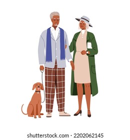 Senior Couple Of Modern Elderly Man And Woman. Old Aged Spouse With Dog. Older Latin American Family In Fashion Clothes, Elegant Apparel. Flat Graphic Vector Illustration Isolated On White Background