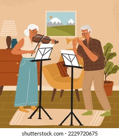 Una pareja mayor con instrumentos musicales tocando violín y trompeta. Ilustración vectorial del concepto de hobby doméstico de enfermería. Viejos con un estilo de vida activo