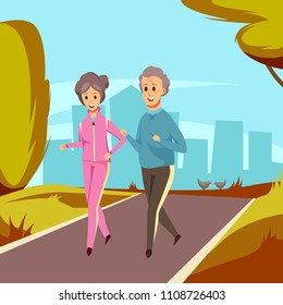 Senior couple or old man and woman on sport jogging. Vector people in sports outfit run on road in park at urban cityscape for health or healthy lifestyle activity concept design