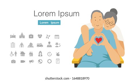 senior couple, old man and old woman together with heart cartoon character design with medical and rehabilitation icon set
