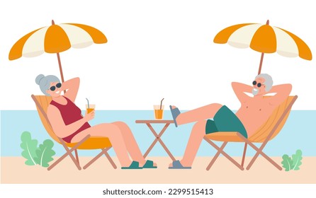 Pareja mayor en la playa bajo sombrillas. Ancianos sonriendo hombres y mujeres tomando el sol. Jubilación, viajes, turismo de verano, concepto de vejez activa. Ilustración plana vectorial.