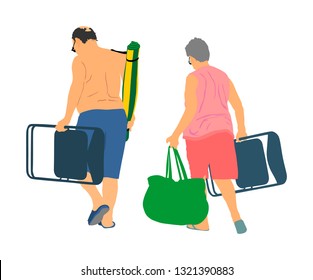 Senior couple on beach vector illustration. Mature man and woman walking in bikini and swim suit with chair, bag and rug. Sunbathing health care. Veteran relaxed near the water. Weekend enjoy outdoor