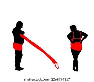 Una pareja mayor en la silueta vectorial de la playa. Hombre maduro y mujer con traje de baño y alfombra en bikini. Atención de salud para tomar el sol. Relajación en el agua. Fin de semana, disfrute al aire libre. La anciana cuelga mantas sobre la arena.