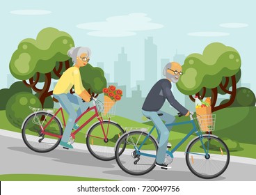 Senior couple on bikes. Elderly woman and man cycling together outdoors in the city park. Concept tender over 50's couple. Bicycle with grocery bag. Vector illustration.