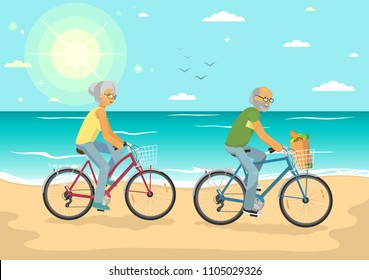 Senior couple on bikes. Senior woman and senior man cicling on the summer sea beach. Healthy lifestyle, sport, transportation concept vector illustration.