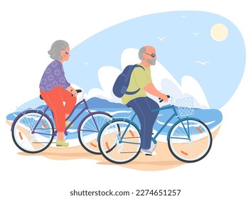 Senior couple on bikes. Senior woman and senior man cicling on the summer sea beach. Healthy lifestyle, sport, transportation concept vector illustration.