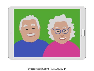 Senior couple on a generic tablet screen. Boomer Generation people in a video call. Grandma and Grandpa smiling. Flat illustration with a 3D look.