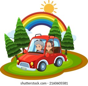 Senior couple on road trip cartoon illustration