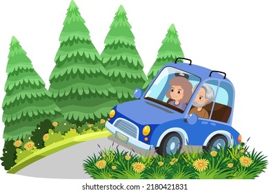 Senior couple on road trip cartoon illustration