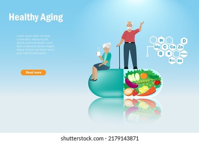 Senior couple on supplementary foods in capsule with fresh fruits and vegetable. Balancing proper nutrition foods to maintain in good health. Healthy aging and medical senior care concept.