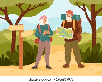 Senior Couple On Vacation. Active Elder Character People Travel, Grandfather And Grandmother With Backpack On Summer Trip Adventure, Outdoor Walking In Woods. Trekking And Hiking Vector Concept