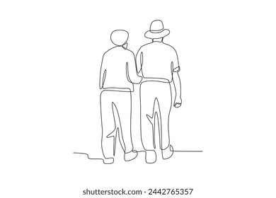 Senior couple on a walk.Seniors Community one-line drawing