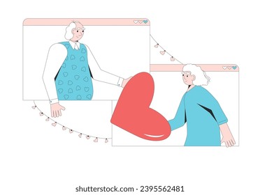 Senior couple online virtual dating. Valentine's Day gift exchange. Married woman and man giving and receiving presents. Love holiday celebration. February 14 banner. Vector flat outline illustration