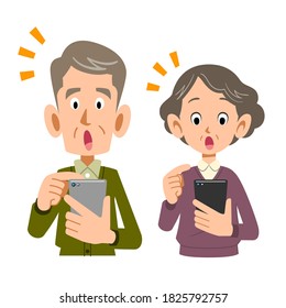 Senior couple operating a smartphone with a noticed face