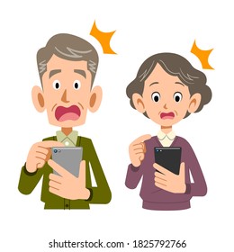 Una pareja mayor que opera un smartphone con una cara sorprendida