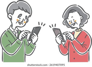Senior couple operating a smartphone, upper body, vector