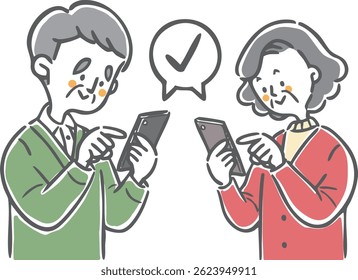 Seniorenpaar, das ein Smartphone betreibt, Oberkörper, Vektor