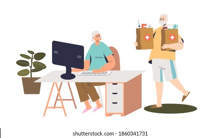 Senior couple order and receive medicines online using computer. Pharmacy delivery concept. Elder man and woman buy drugs in internet drugstore. Cartoon flat vector illustration