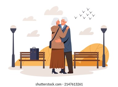 Senior couple outdoor. Grandmother and grandmother hugging in park. Romantic dating, love and care. Strong relationships in families, husband and wife for walk. Cartoon flat vector illustration