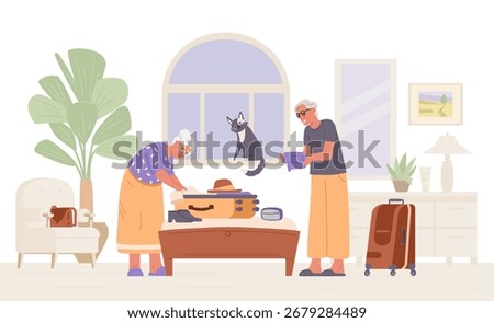 Senior couple packing a suitcase on a bed at home getting ready to a trip flat vector illustration.