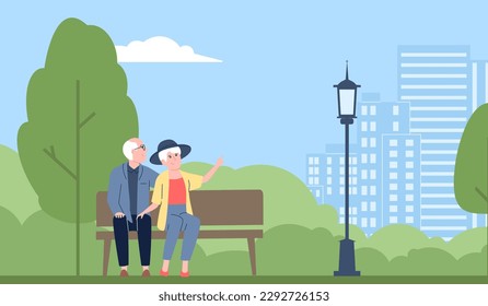 Senior couple park, cute elderly grandparents relaxing on nature. Pension time, woman man sitting on bench together, flat recent vector scene