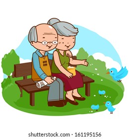 Senior couple at the park. An old man and an old woman sitting on a bench at the park, reading the newspaper and feeding the birds. Vector Illustration