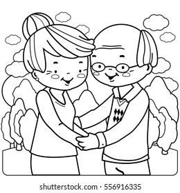 Senior couple at the park. Vector black and white coloring page.