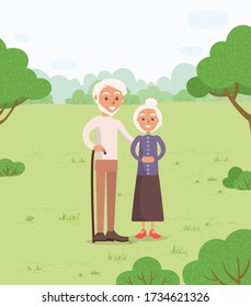 Senior couple in park vector, man and woman old age of characters. Grandmother and grandfather walking in forest with wooden stick, active pensioners