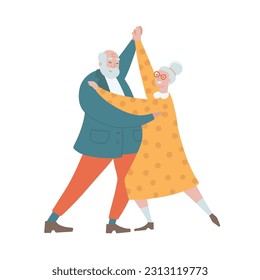 Senior couple people dancing tango together. Elder man and woman dancing latino romantic dance. Concept of romance and leisure of grandma and grandpa on pension. Hand drawn flat vector illustration.