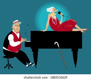 Senior couple performing on stage, playing piano and singing,  EPS 8 vector illustration