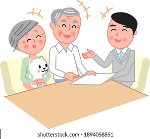 Senior couple and pet have a meeting with salesman