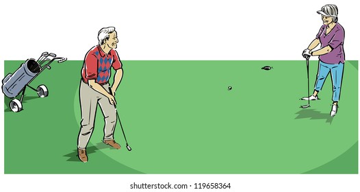 Senior couple playing golf. The golf bag, woman and man are on seperate layers and can easily be separated or used without the green background in a different layout.