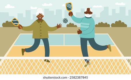 Senior couple playing pickleball on outdoor court. Pickleball banner. Concept of active lifestyle, sport, recreation, and fitness. Vector hand drawn background.