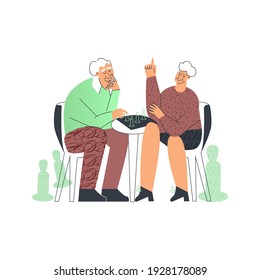 Senior couple playing table games, elderly friend having fun, grandparents family leisure at home. Old lady and gentlemen. Senior citizen flat cartoon illustration isolated on white background