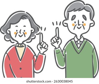 Senior couple pointing, upper body, vector