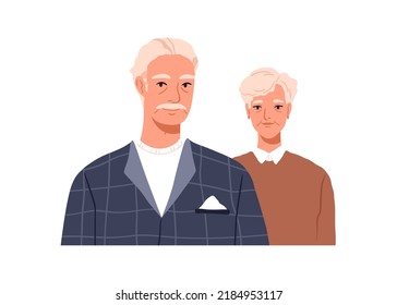 Retrato de pareja de ancianos y mujeres. Familia anciana de abuelos y abuelas de cabello gris. El marido y la esposa mayores. Ilustración vectorial plana aislada en fondo blanco